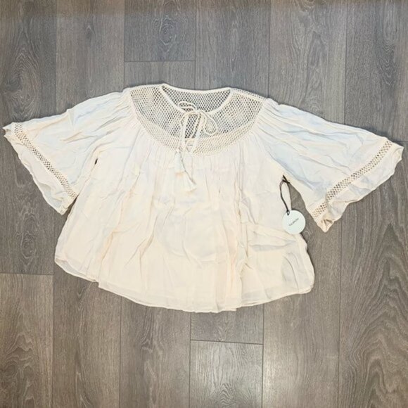 Tularosa Revolve Huxley Top Cream Tassels ties Gauze Crochet Flutter Sleeve - Picture 2 of 15
